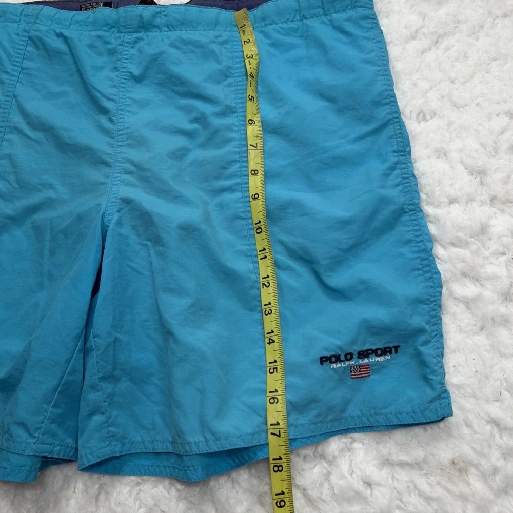 Vtg 90s Polo Sport Flag Ralph Lauren Swim Trunks Shorts Light Blue Baggy Nylon